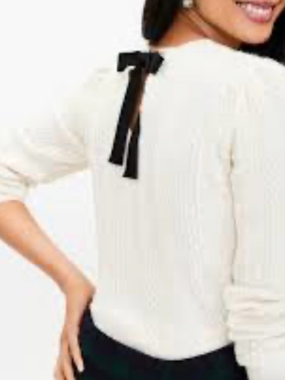 LOFT Cream Knit Long-Sleeve Top with Black Back Bow
